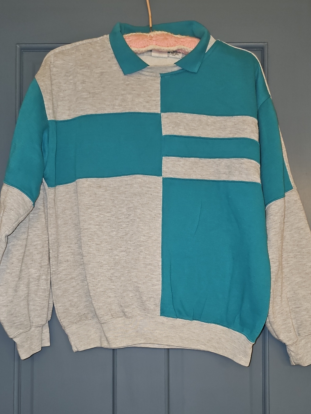 Men Teal Green Polo Sweatshirt Women Medium Vintage Top Sporty Colorblock